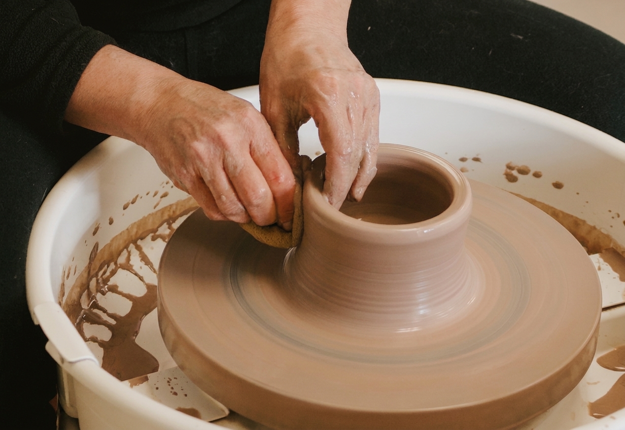 Hands shaping clay on a pottery wheel