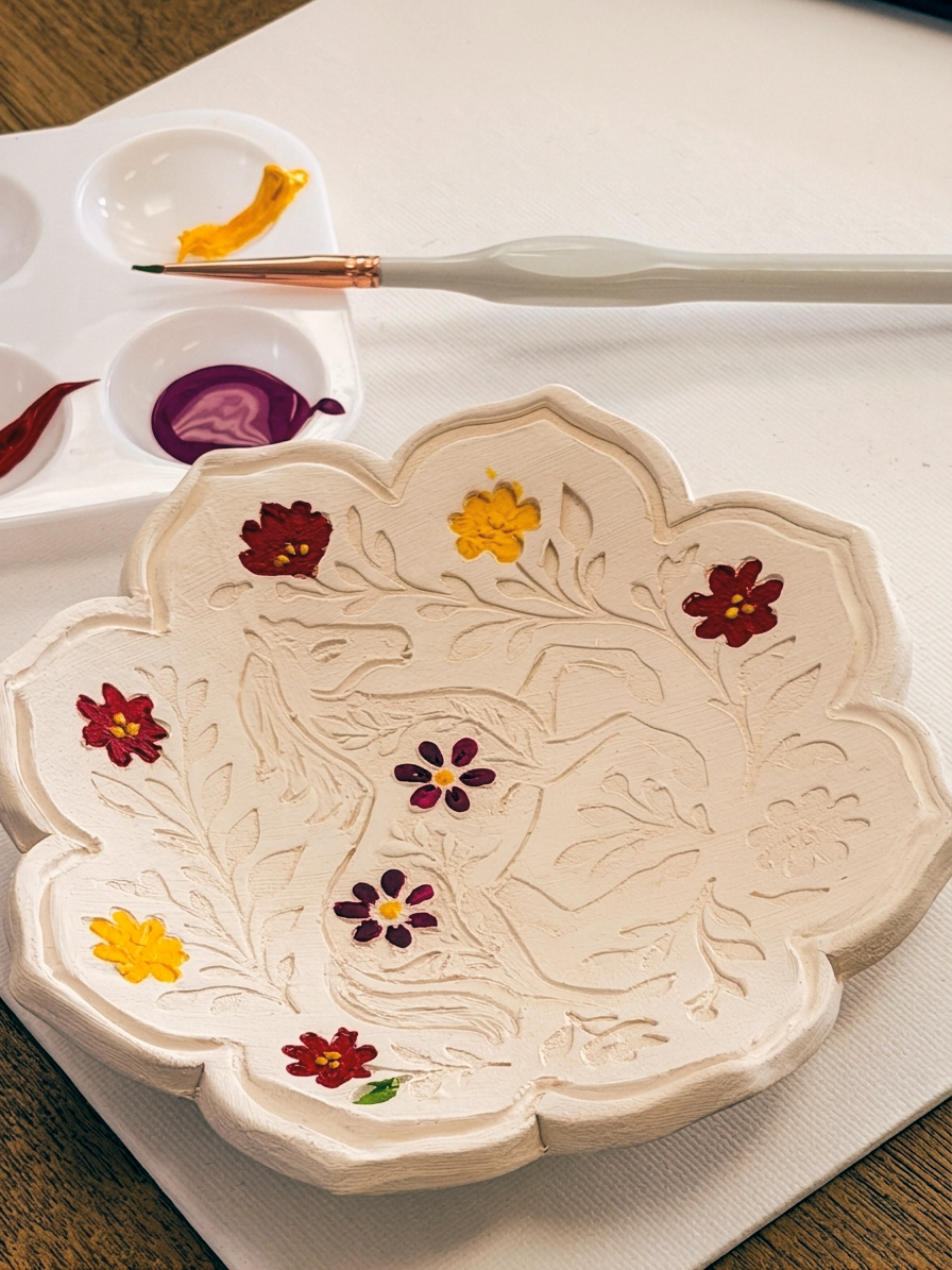 Painted pottery pieces on a studio table