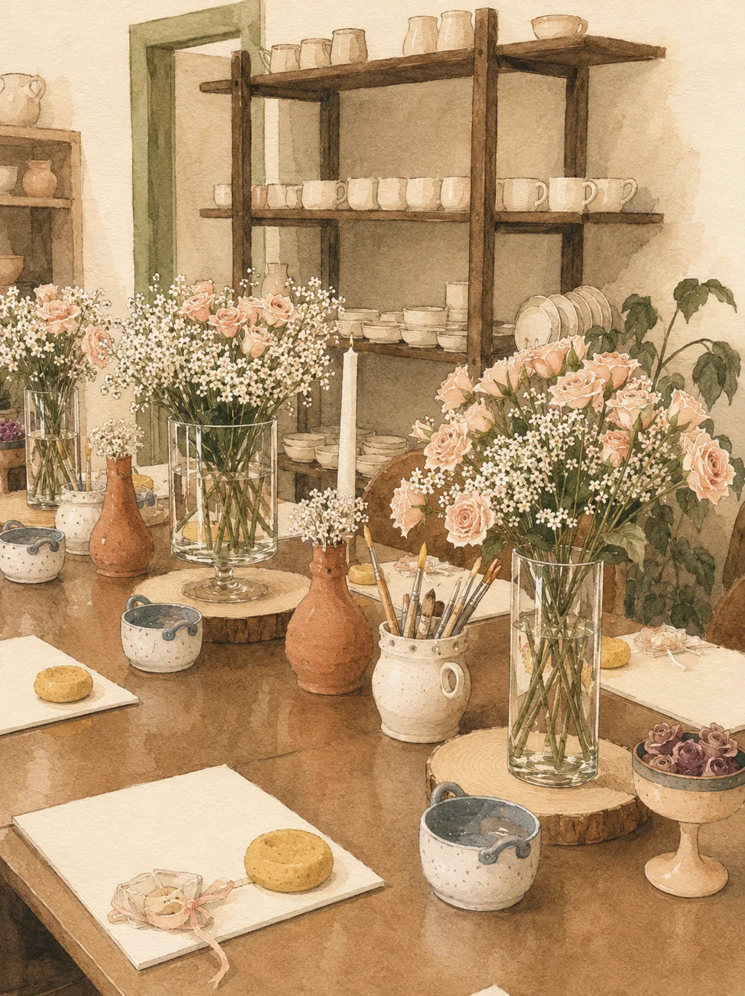 Watercolour illustration of the Secrets of Clay studio table
